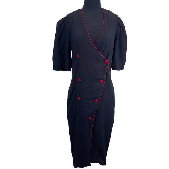 1980s Black Red Trim Wiggle Dress by Cactus NYC – Size 14 – Pinup Style - Picture 2 of 16